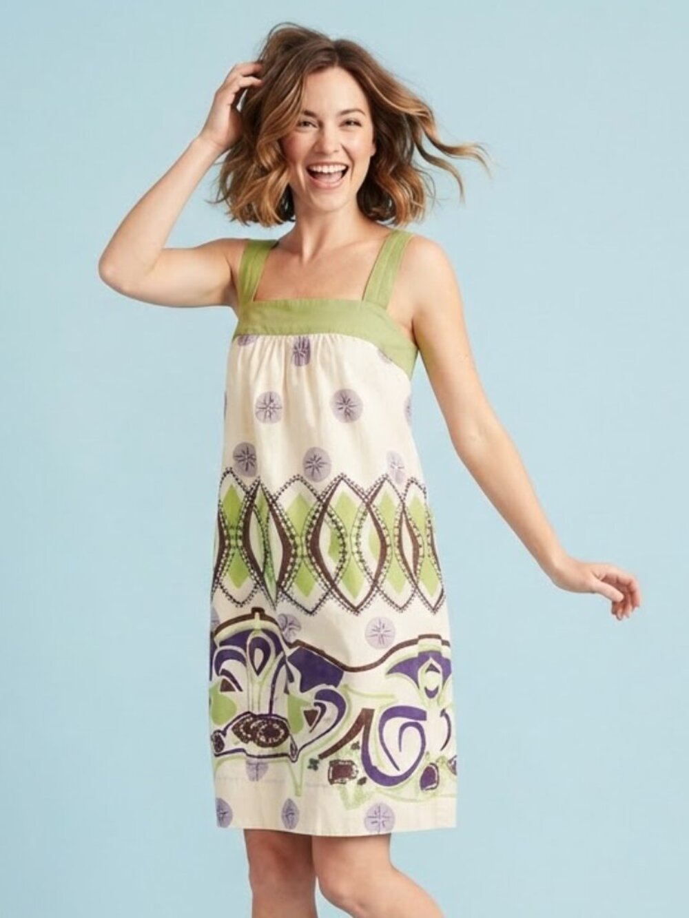 Anthropology Maeve Cream, Green & Purple Patterned Tank Dress with Pockets!